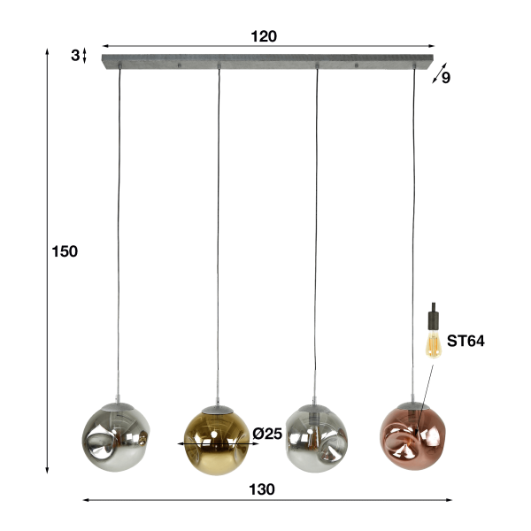 Industriële hanglamp in metaal met glazen lampenkappen – Caleo