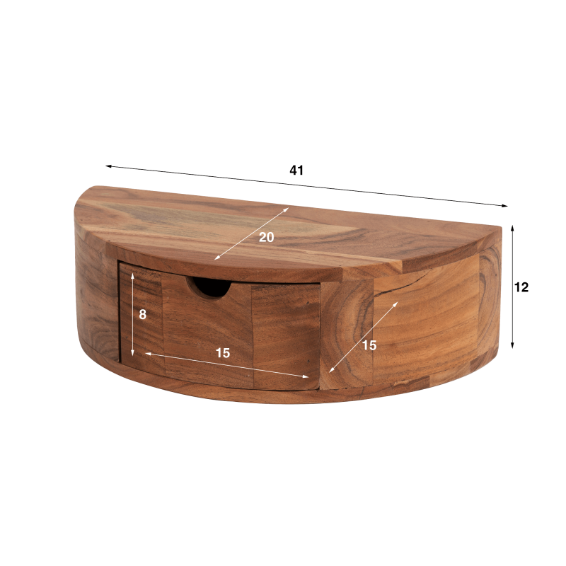 Zwevend nachtkastje in massief acaciahout – Curve