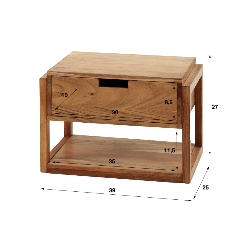 Zwevend nachtkastje in massief acaciahout – Silent