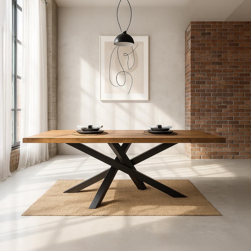 Massieve houten eettafel met metalen mikado-poot 200 cm