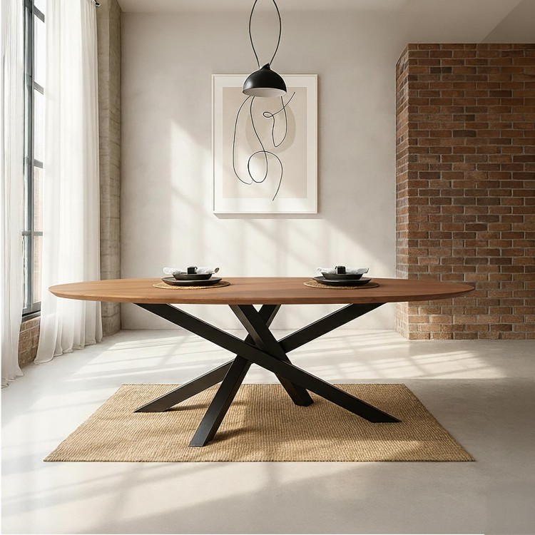 Ovale massief houten eettafel met metalen mikado-poot 180 cm