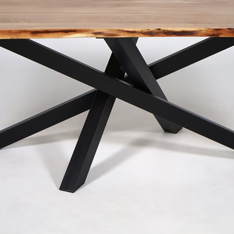 Massief houten eettafel met metalen mikado-poot en natuurlijke randen 220 cm