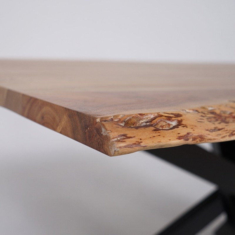 Massief houten eettafel met metalen mikado-poot en natuurlijke randen 220 cm