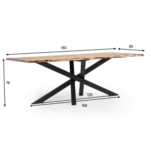 Eettafel in massief hout met metalen mikadopoot en natuurlijke randen