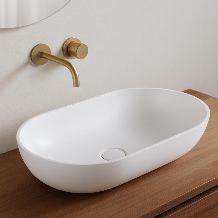 Ovale opbouw waskom van keramiek, glanzend wit – Slender