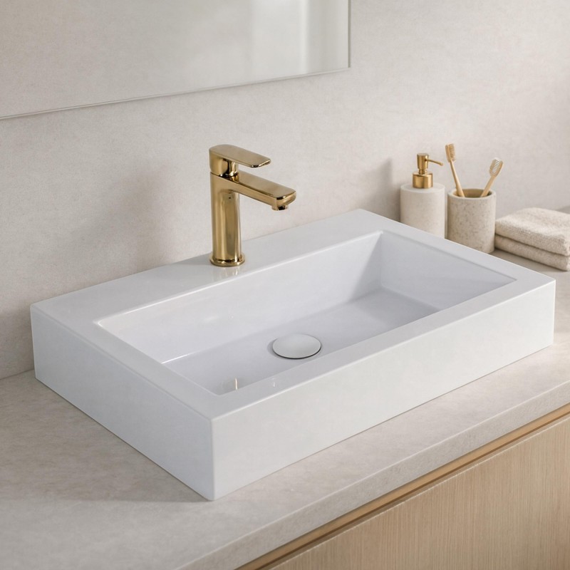 Rechthoekige opbouw waskom van keramiek, glanzend wit – Odon