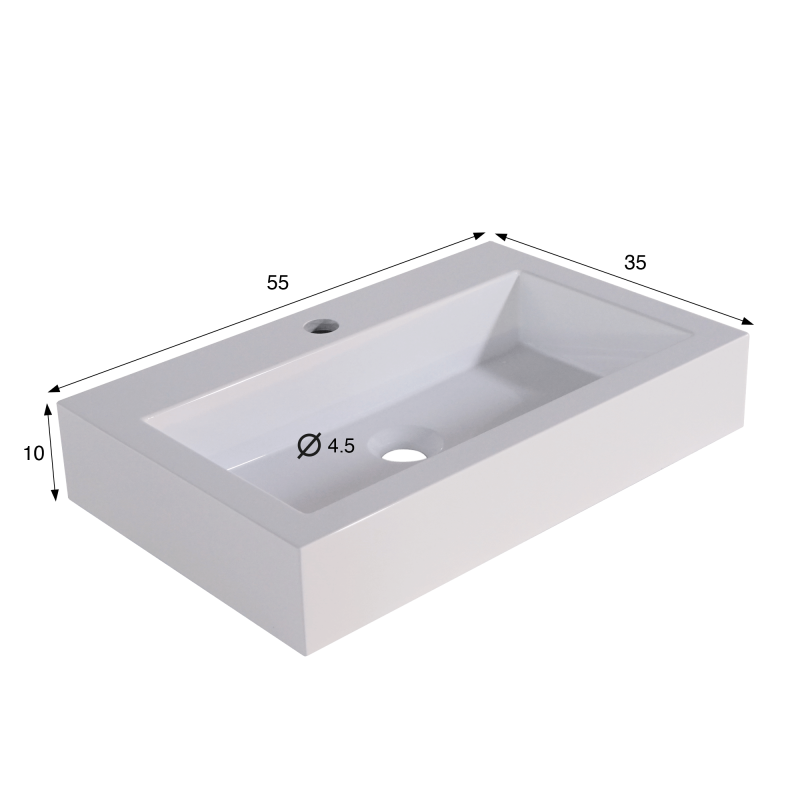 Rechthoekige opbouw waskom van keramiek, glanzend wit – Odon