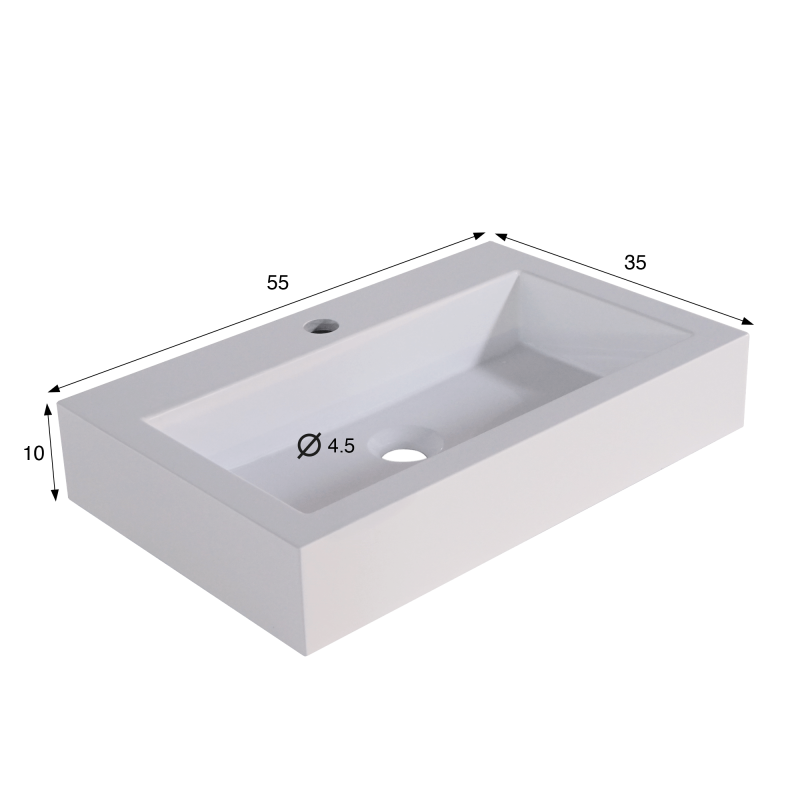 Rechthoekige opbouw waskom van keramiek, mat wit – Odon