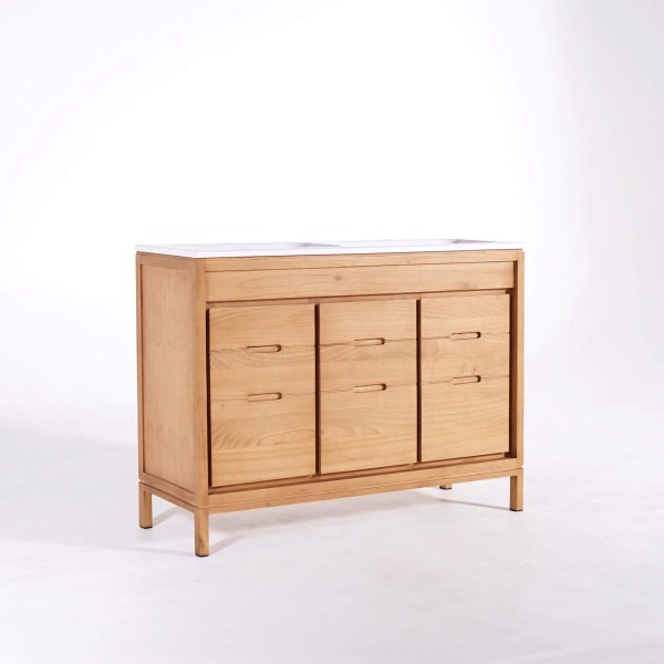 Badmeubel met dubbele wastafel in massief hout, mat wit – Ashwini