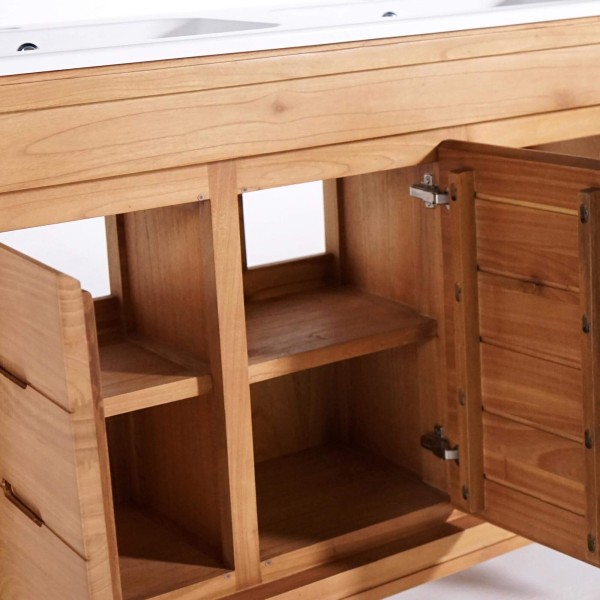 Badmeubel met dubbele wastafel in massief hout, mat wit – Ashwini