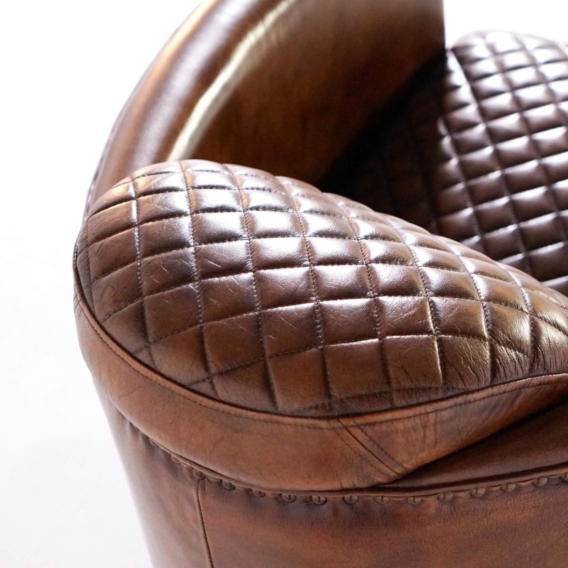 Engelse clubfauteuil in echt leder, bruin, industriële stijl – Oscar