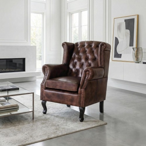Engelse wingback-fauteuil (oorfauteuil) in donkerbruin leder – George