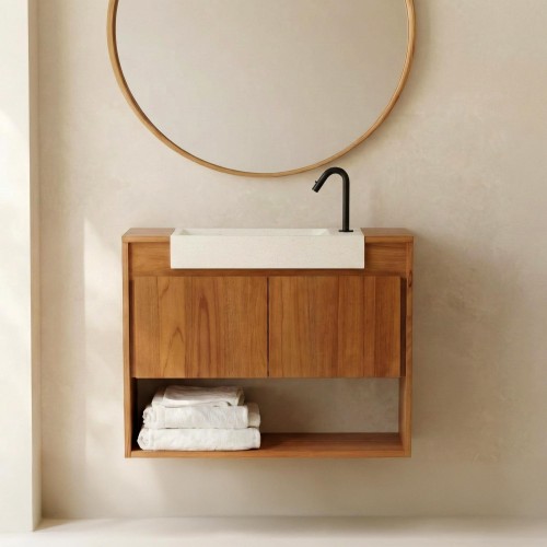 Hangwastafel van massief teakhout met witte terrazzowastafel - Oviya