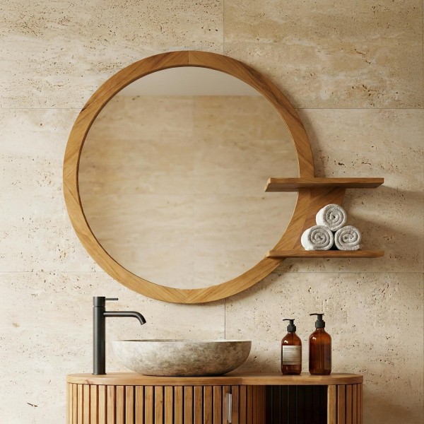 Ovale spiegel met teakhouten lijst en planken - Leela