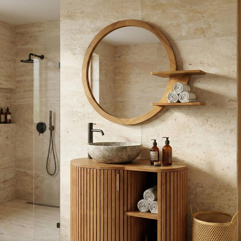 Ovale spiegel met teakhouten lijst en planken - Leela