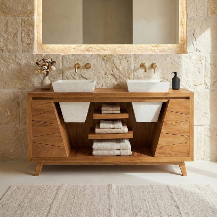 Massief teak badkamermeubel met witte terrazzo dubbele waskommen - Meera