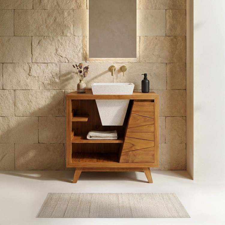 Massief teak badkamermeubel met witte terazzo waskom - Meera