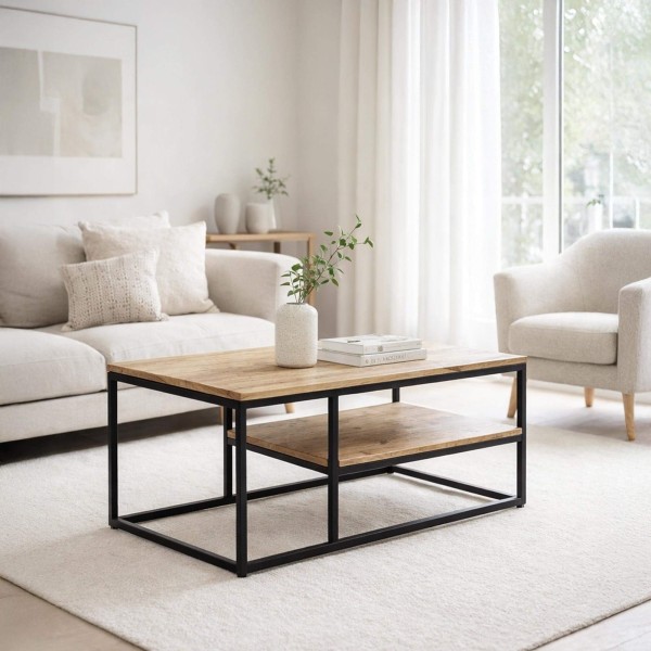 Houten salontafel met metalen onderstel en frame