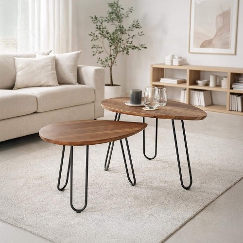 Scandinavische gigogne-salontafels in Scandinavische stijl met een massief acaciahouten blad en metalen onderstel