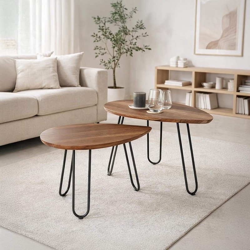 Scandinavische gigogne-salontafels in Scandinavische stijl met een massief acaciahouten blad en metalen onderstel