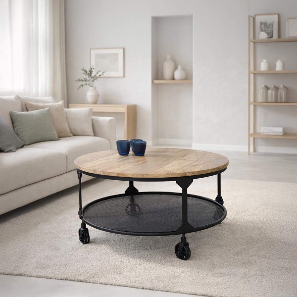 Industriële ronde salontafel met massief houten blad en metalen blad – Wild West