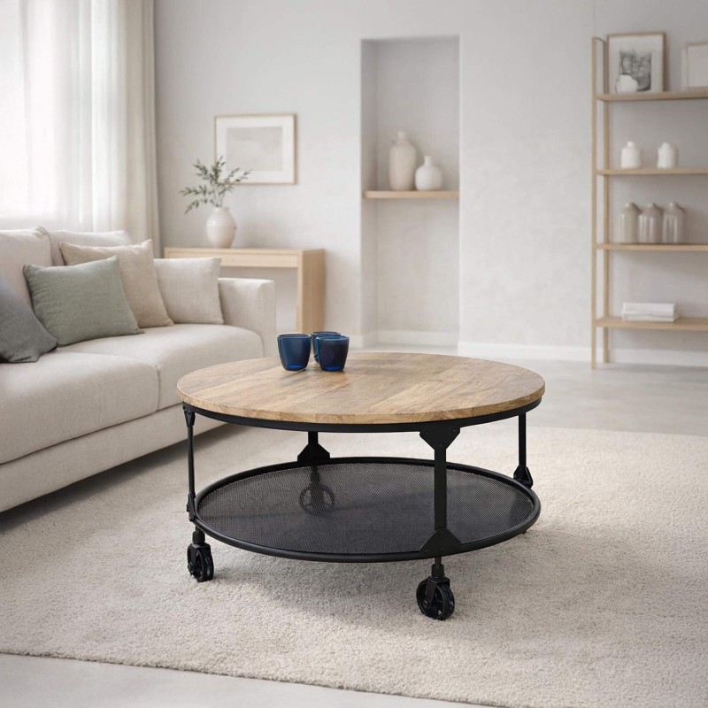 Industriële ronde salontafel met massief houten blad en metalen blad – Wild West