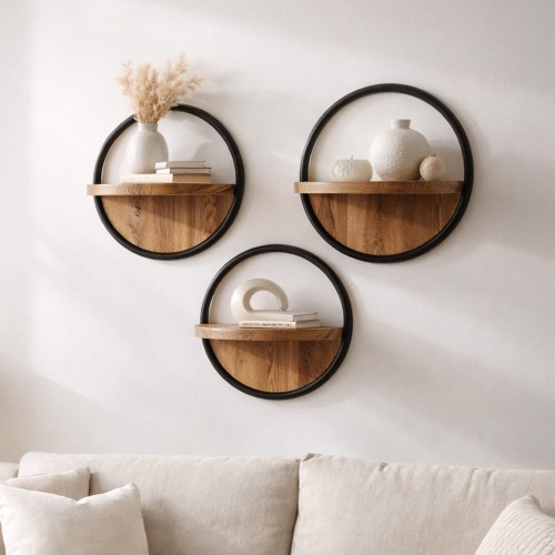 Industriële ronde wandplank met houten legplank (set van 3) - Urban