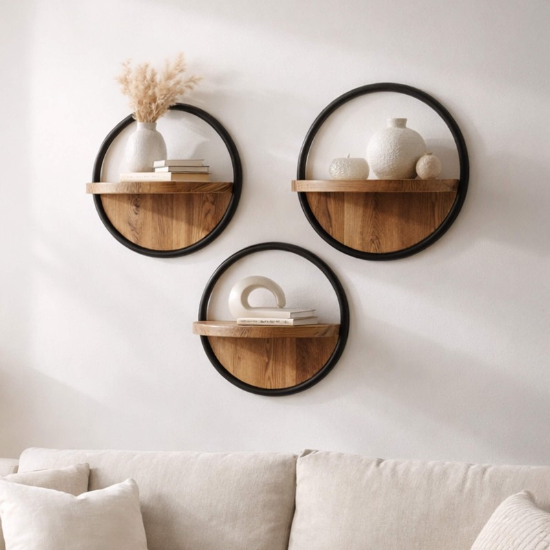 Industriële ronde wandplank met houten legplank (set van 3) - Urban