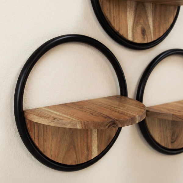 Industriële ronde wandplank met houten legplank (set van 3) - Urban