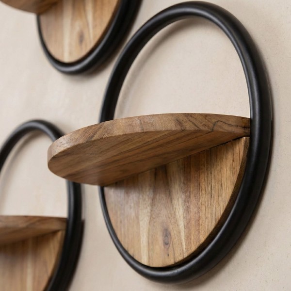 Industriële ronde wandplank met houten legplank (set van 3) - Urban