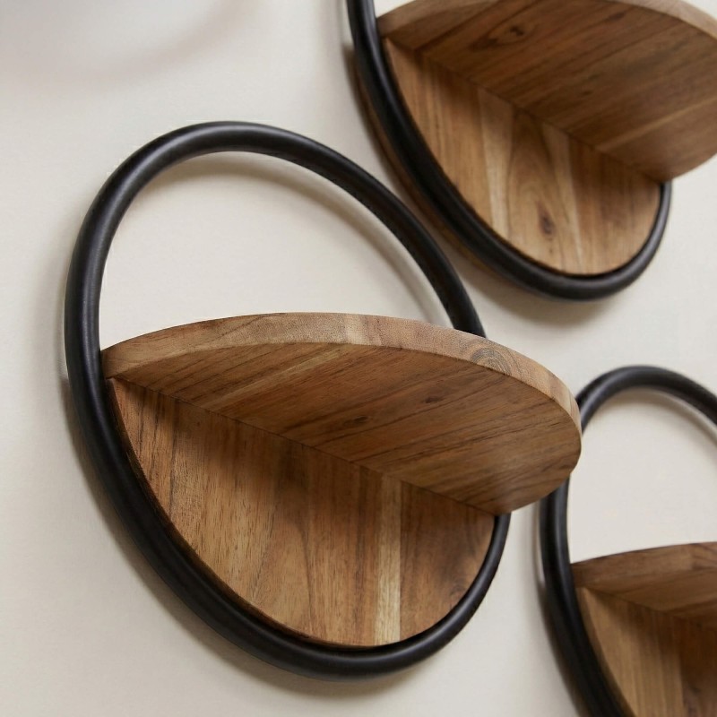 Industriële ronde wandplank met houten legplank (set van 3) - Urban