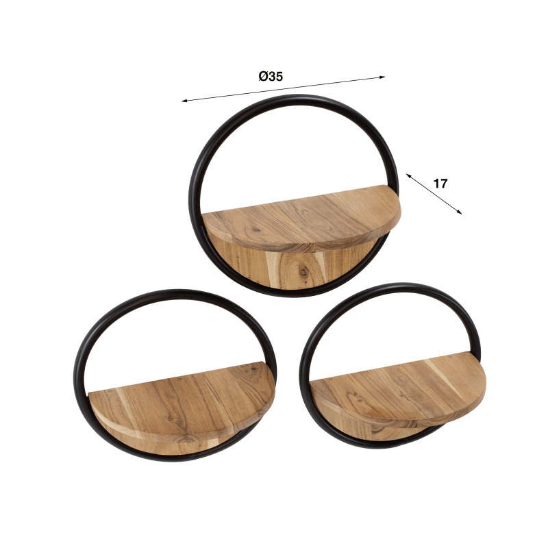 Industriële ronde wandplank met houten legplank (set van 3) - Urban