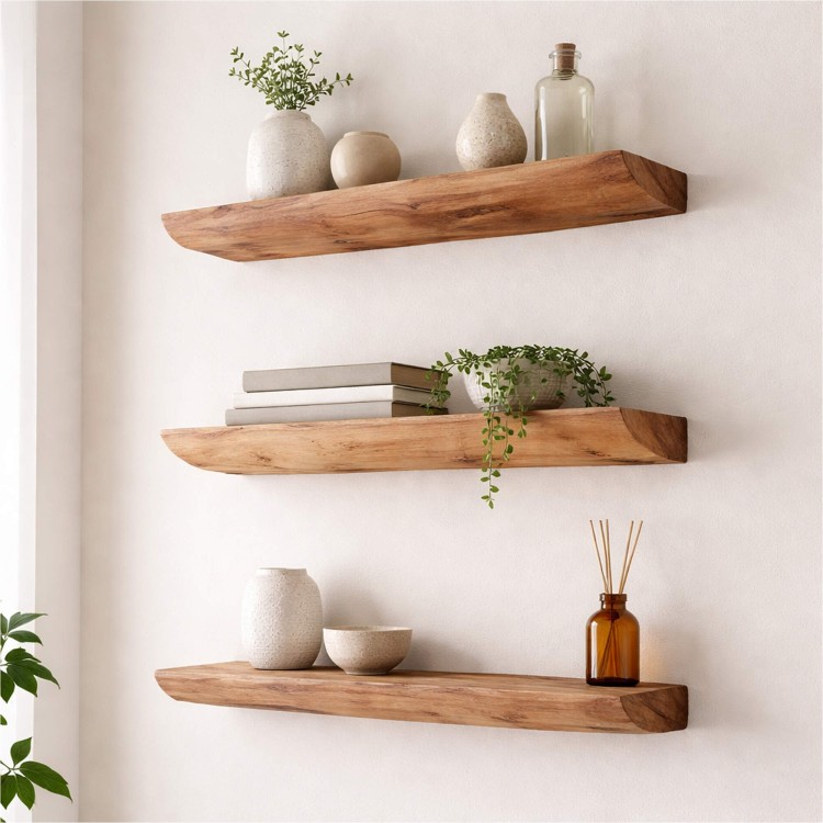 wandplank in natuurlijk hout met onzichtbare bevestiging (set van 3) - Rack