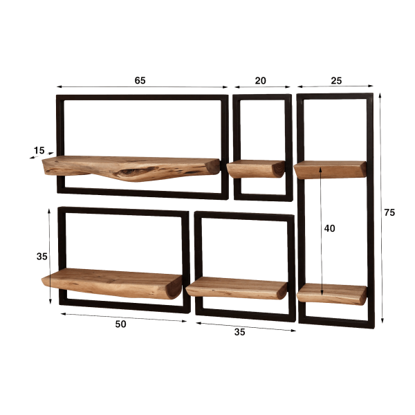 Industriële wandplank in hout en metaal (set van 5) – Frame