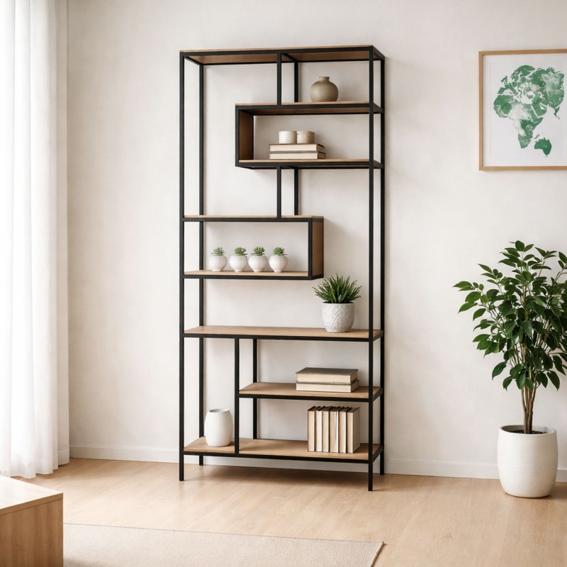 Industriële wandrek in zwart metaal en naturel hout 80 x 180 - Element