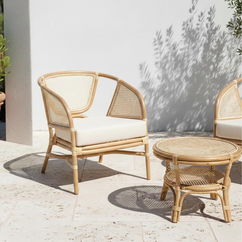 Fauteuil van naturel rotan met beige kussen - Haru