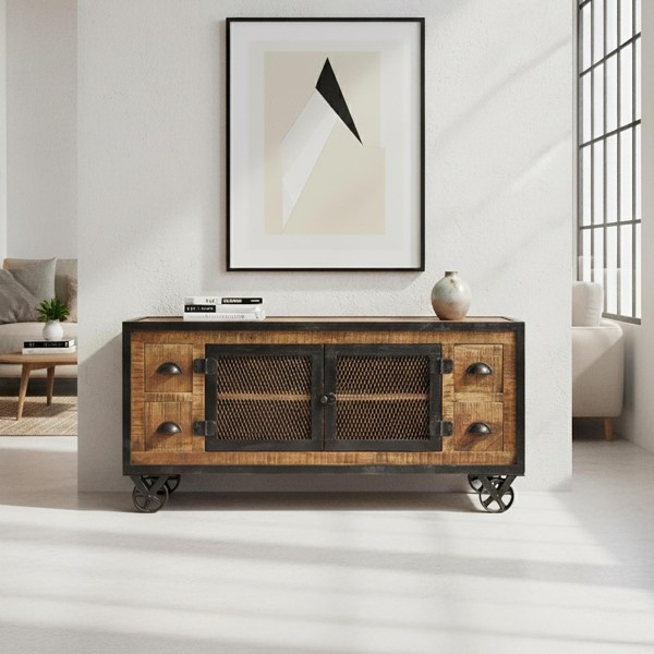 Industrieel TV meubel 4 laden carbonkleurige afwerking 