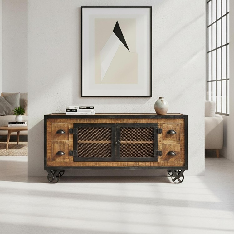 Industrieel TV meubel 4 laden carbonkleurige afwerking 