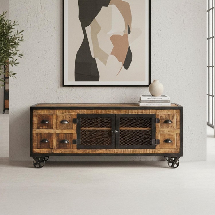 industrieel TV meubel met 6 laden carbonkleurige afwerking