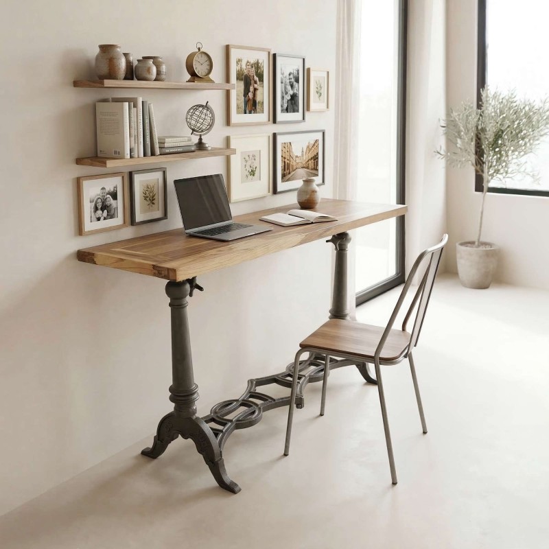 Metalen en teakhouten industriële console