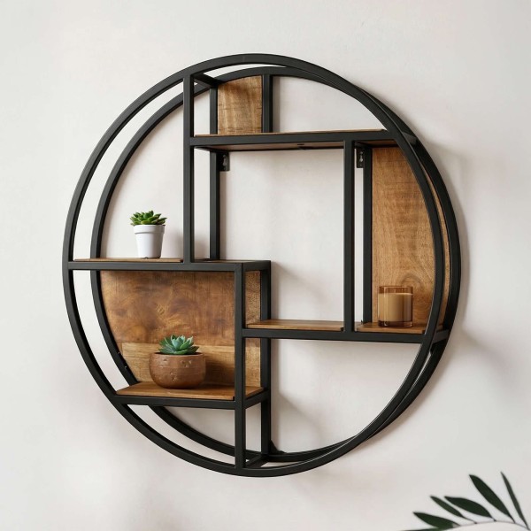 Rond industrieel rek van hout en metaal