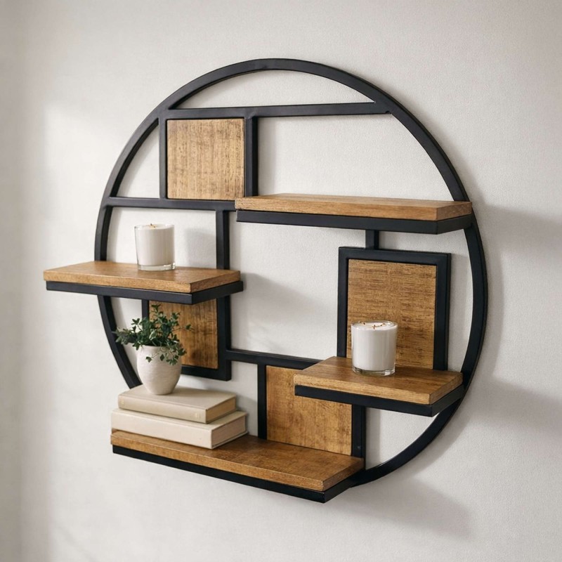 Rond industrieel rek van metaal en hout