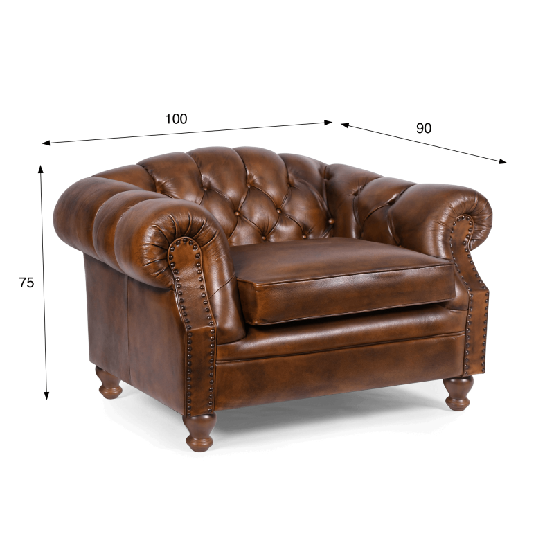 Fauteuil Chesterfield in echt bruin leer - Harold