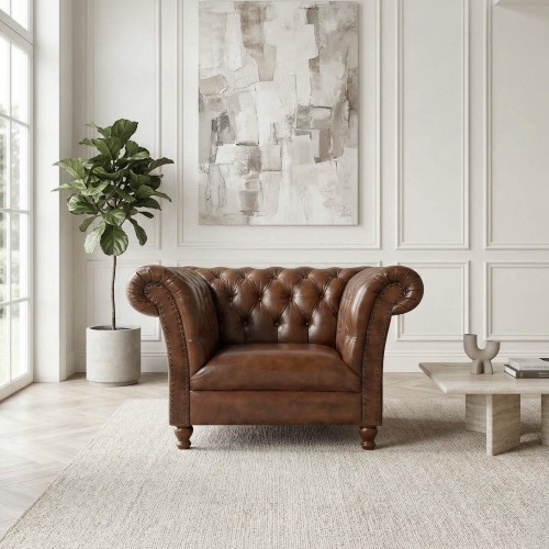 Chesterfield fauteuil van echt bruin leer - Henry