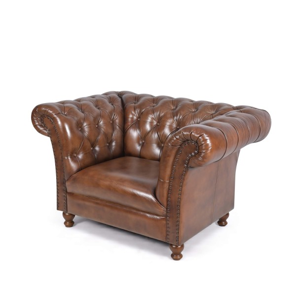 Chesterfield fauteuil van echt bruin leer - Henry