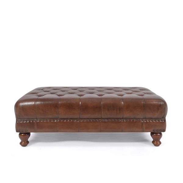 Voetenbank met capitonnage in echt bruin leer