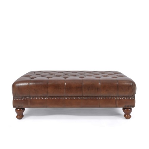 Voetenbank met capitonnage in echt bruin leer