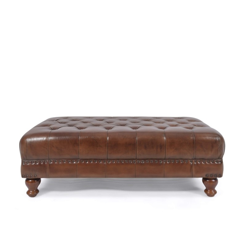 Voetenbank met capitonnage in echt bruin leer