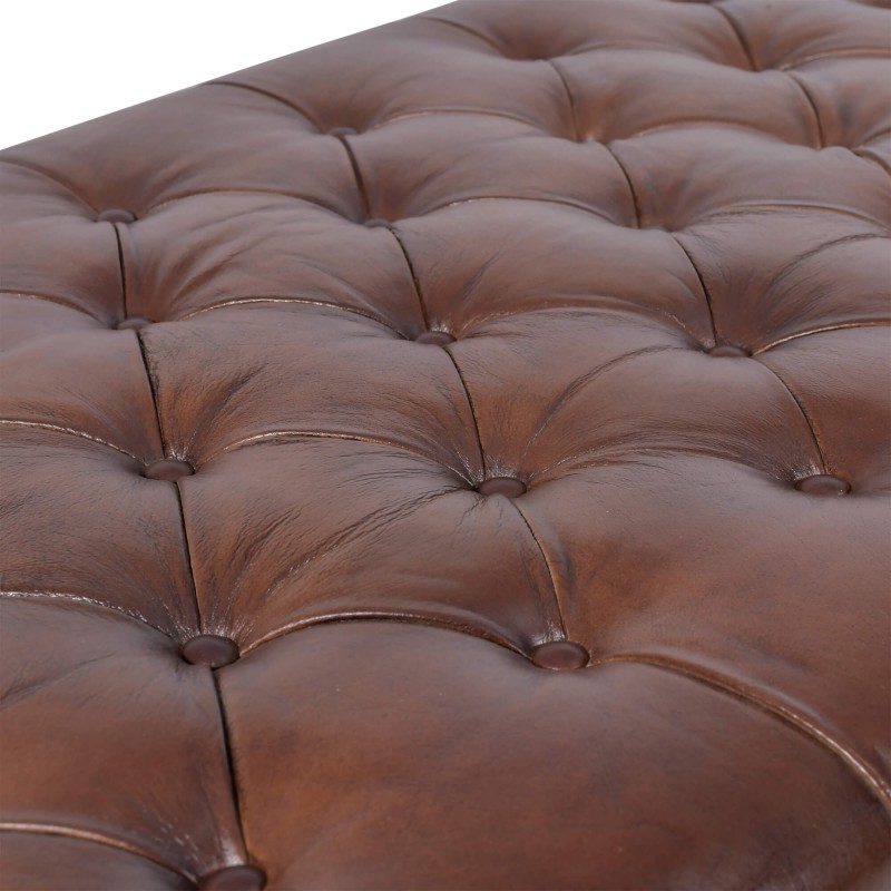 Voetenbank met capitonnage in echt bruin leer