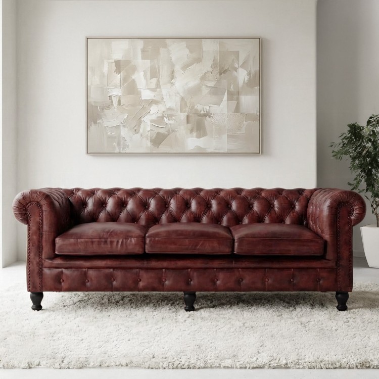 Chesterfield bank van echt bordeaux leer 3-zits - Edward